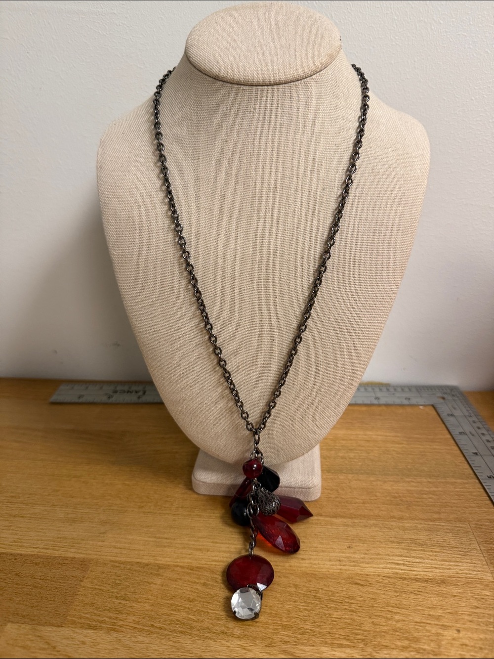 Dark silver tone chain long necklace with chunky rhinestone charms red crystal
